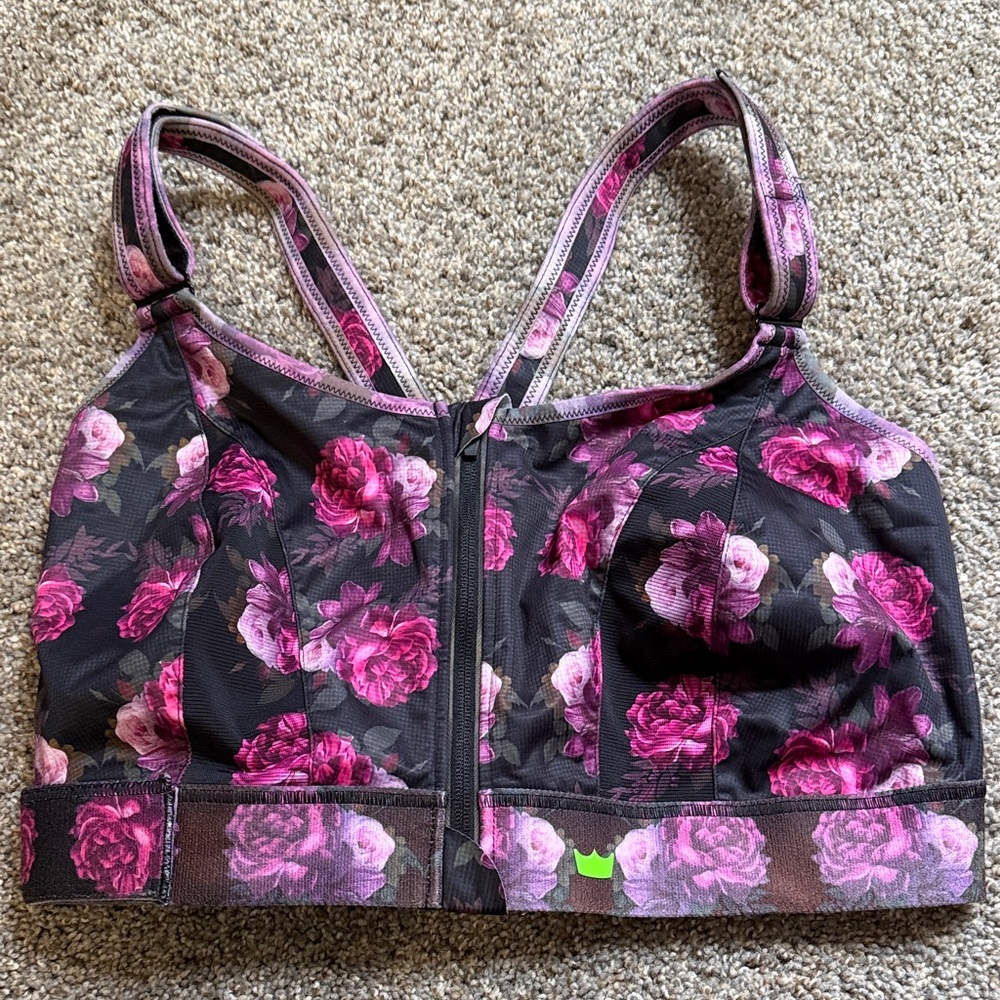 SheFit Floral Front-Zip Sports Bra - Pink Rose Print